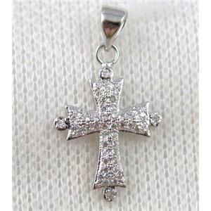 copper cross pendant paved zircon, platinum plated, approx 15x22mm