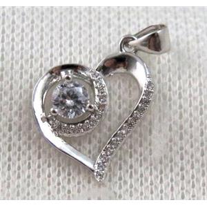 copper heart pendant paved zircon, platinum plated, approx 16x16mm