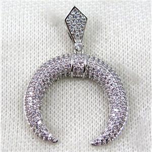 copper crescent moon pendant paved zircon, platinum plated, approx 35mm