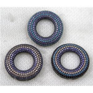 copper donut pendant paved zircon, black plated, mix color, approx 27mm dia