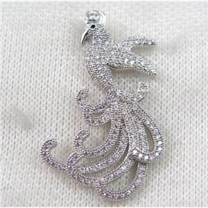 copper peacock pendant paved zircon, platinum plated, approx 28-45mm