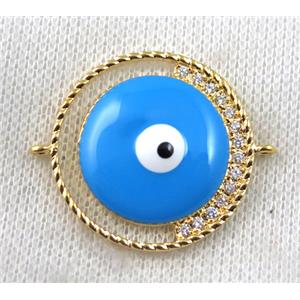 copper connector paved zircon with evil eye, gold plated, approx 30mm dia