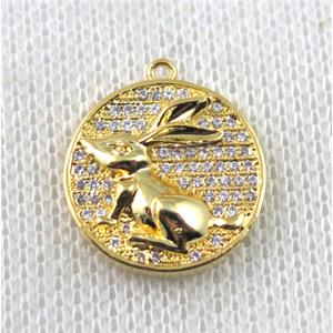 copper Zodiac Hare pendant paved zircon, gold plated, approx 16mm dia