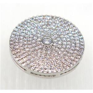 copper circle bead paved zircon, platinum plated, approx 18mm dia