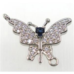 copper butterfly connector paved zircon, platinum plated, approx 15-20mm