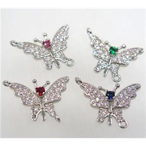 copper butterfly connector paved zircon, platinum plated, mix, approx 15-20mm