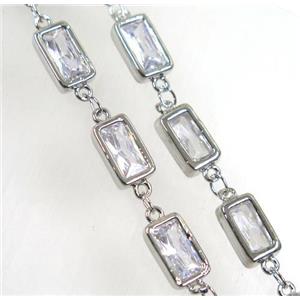 copper chain paved zircon, rectangle, platinum plated, approx 6x10mm
