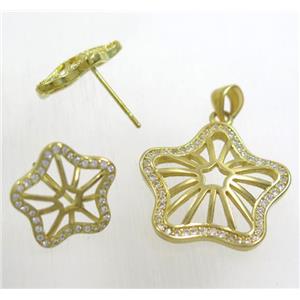 Raw Brass pendant and earring studs paved zircon, approx 22mm, 15mm dia