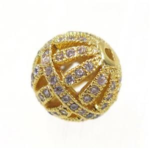round Watermelon copper beads pave zircon, gold plated, approx 12mm dia