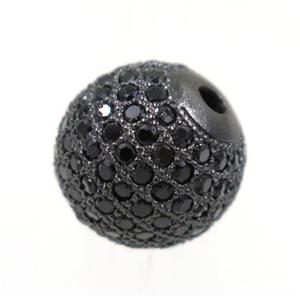 round copper beads paved black zircon, black plated, approx 12mm dia