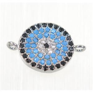 copper Circle connector paved zircon, platinum plated, turq, approx 12mm dia