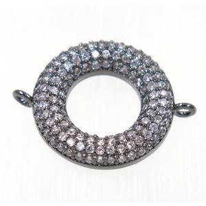 copper Donut connector paved zircon, black plated, approx 16mm dia