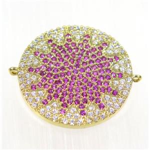 copper sunflower connector paved hotpink zircon, gold plated, approx 25mm dia