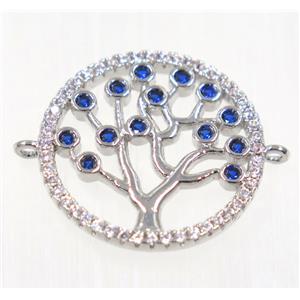 copper Tree Of Life connector paved zircon, platinum plated, approx 18mm dia