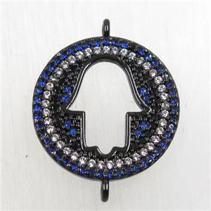 copper hamsahand connector paved zircon, black plated, approx 20mm dia