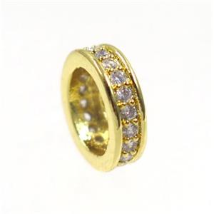 copper rondelle beads paved zircon, gold plated, approx 10mm dia