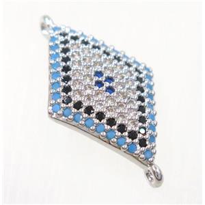 copper rhombic connector paved zircon, platinum plated, approx 13x20mm