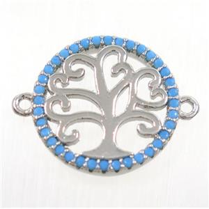 copper Tree Of Life connector paved zircon, platinum plated, approx 16mm dia