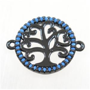 copper Tree Of Life connector paved zircon, black plated, approx 16mm dia