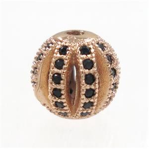 round Watermelon copper beads pave zircon, rose gold, approx 10mm dia