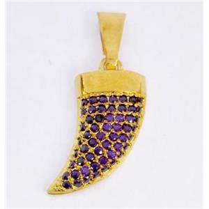 Copper pendant paved zircon, cattle horn, gold plated, approx 8x20mm