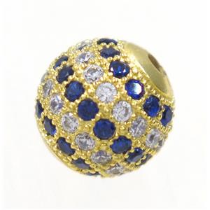 round copper beads paved zircon, gold plated, approx 10mm dia