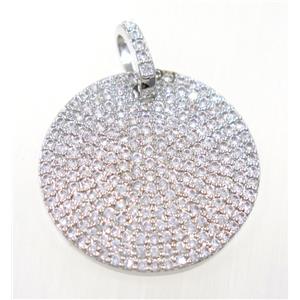 copper circle pendant paved zircon, platinum plated, approx 25mm dia