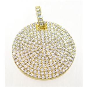 copper circle pendant paved zircon, gold plated, approx 25mm dia