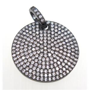 copper circle pendant paved zircon, black plated, approx 25mm dia