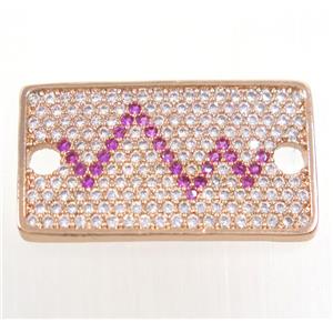 copper rectangle connector paved zircon, pulse, rose gold, approx 15x25mm