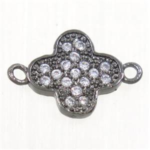 copper connector paved zircon, four-leaf clover, black plated, approx 8.5mm