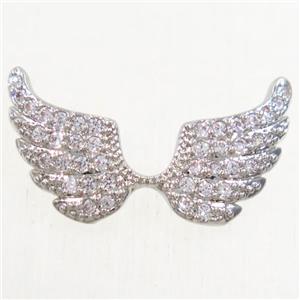 copper angel wing pendant paved zircon with 2loops, platinum plated, approx 10x18mm