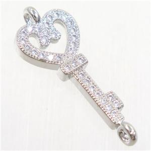 copper key connector paved zircon, platinum plated, approx 11-22mm