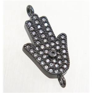 copper hamsahand connector paved zircon, black plated, approx 12x18mm