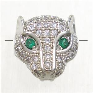 copper foxHead beads paved zircon, platinum plated, approx 11mm