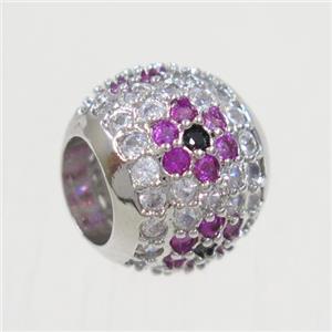 European style round copper beads paved zircon, platinum plated, approx 11.5mm dia, 6mm hole