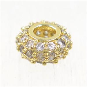 European style copper beads paved zircon, rondelle, gold plated, approx 8mm dia, 3mm hole