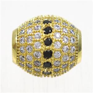 European style copper beads paved zircon, barrel, gold plated, approx 12x13mm, 5mm hole