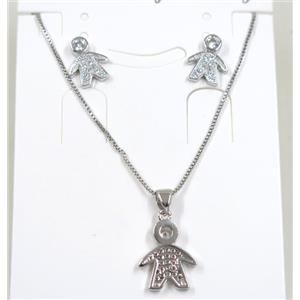 Jelwelry set, copper necklace earring pave zircon, kid, platinum plated, approx 10-15mm