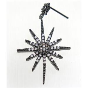 copper northstar earring studs paved zircon, black plated, approx 24-32mm