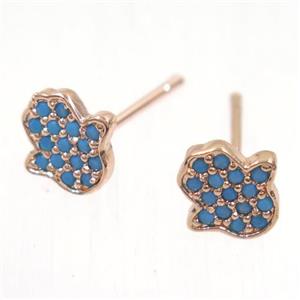 copper hamsahand earring studs paved zircon, rose gold, approx 8.5mm