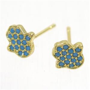 copper hamsahand earring studs paved zircon, gold plated, approx 8.5mm