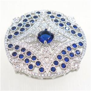 copper circle connector paved blue zircon, platinum plated, approx 32mm dia