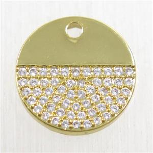 copper circle pendant paved zircon, gold plated, approx 15mm dia
