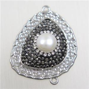 copper teardrop connector paved rhinestone with pearl, platinum plated, approx 25-30mm