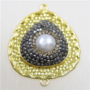 copper teardrop connector paved rhinestone with pearl, gold plated, approx 27mm