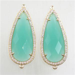 copper teardrop connector paved zircon with green crystal glass, gold plated, approx 18-40mm