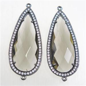 copper teardrop connector paved zircon with smoky crystal glass, black plated, approx 18-40mm