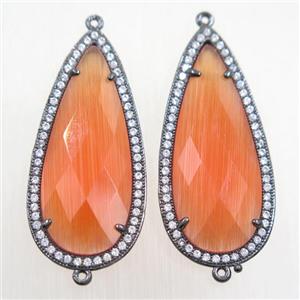 copper teardrop connector paved zircon with orange crystal glass, black plated, approx 18-40mm