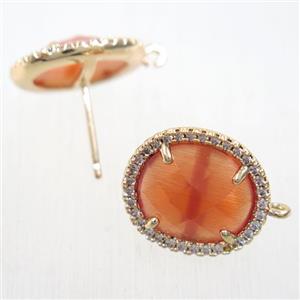 copper earring studs paved zircon with orange crystal glass, gold plated, approx 15-17mm